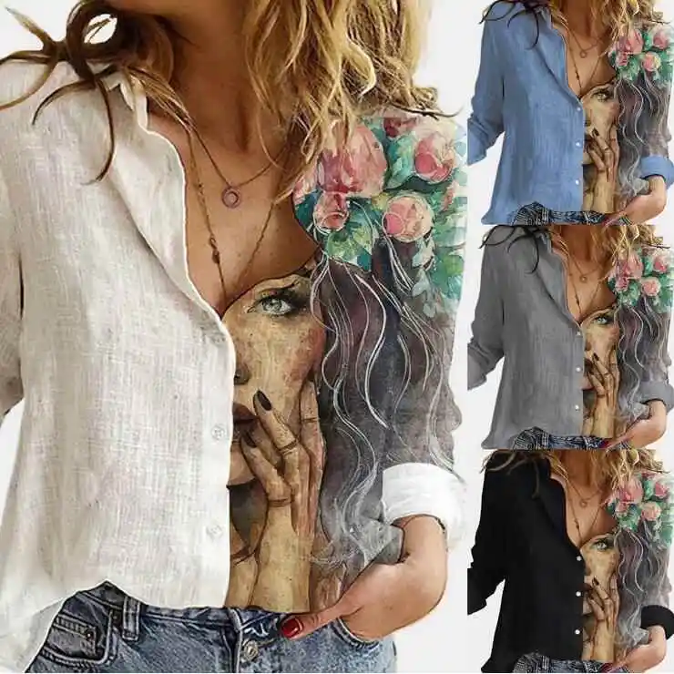

Women's Graffiti Print Long Sleeve Shirt Swedish Style Fashionable Casual Print Design Ladies' Shirt Non-Shrinkage Fabric