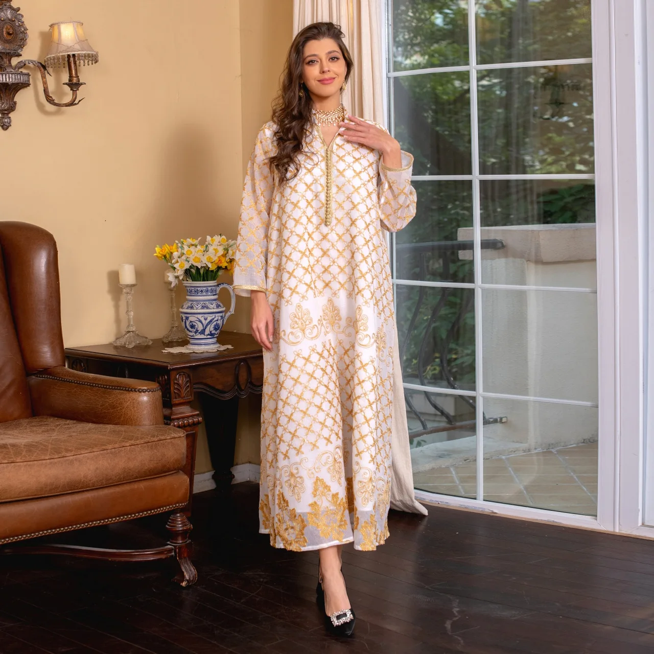 

Ab276 Fashionable Women's Clothing Embroidered Dress Women's Pullover Patchwork Ribbon Long Dress Dubai Luxury Islam Elegant