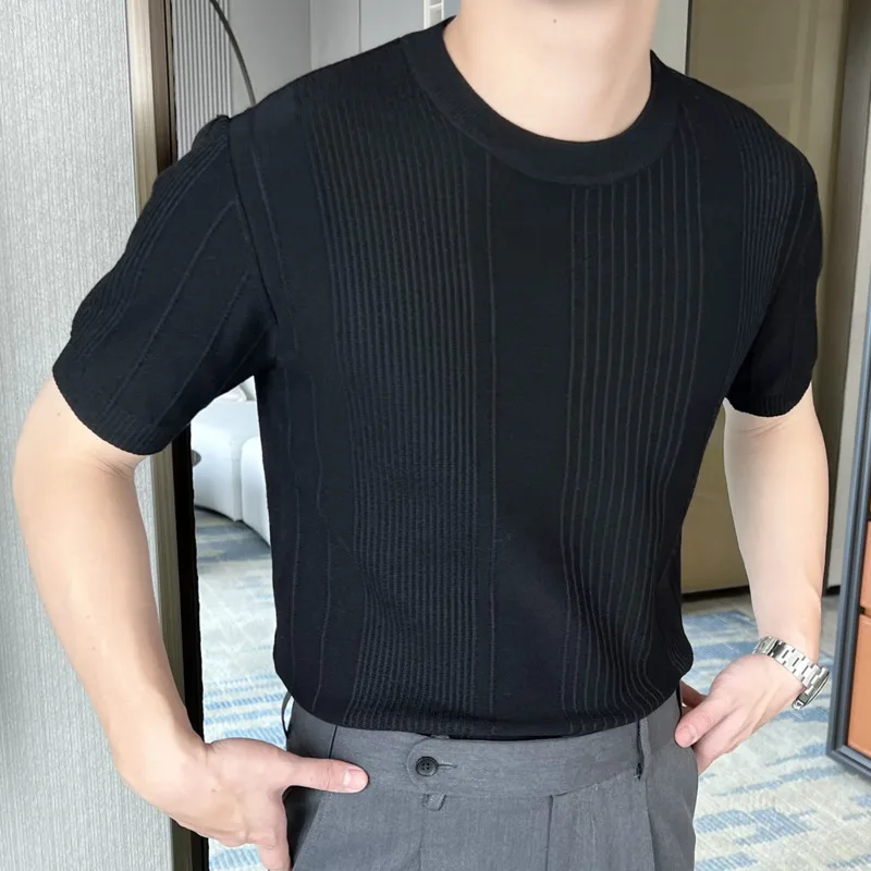 2023 Knitted Short Sleeved T-shirt Men Summer Streetwear Korean Solid Color Top Camisa Masculina Tee Shirt Homme Black White