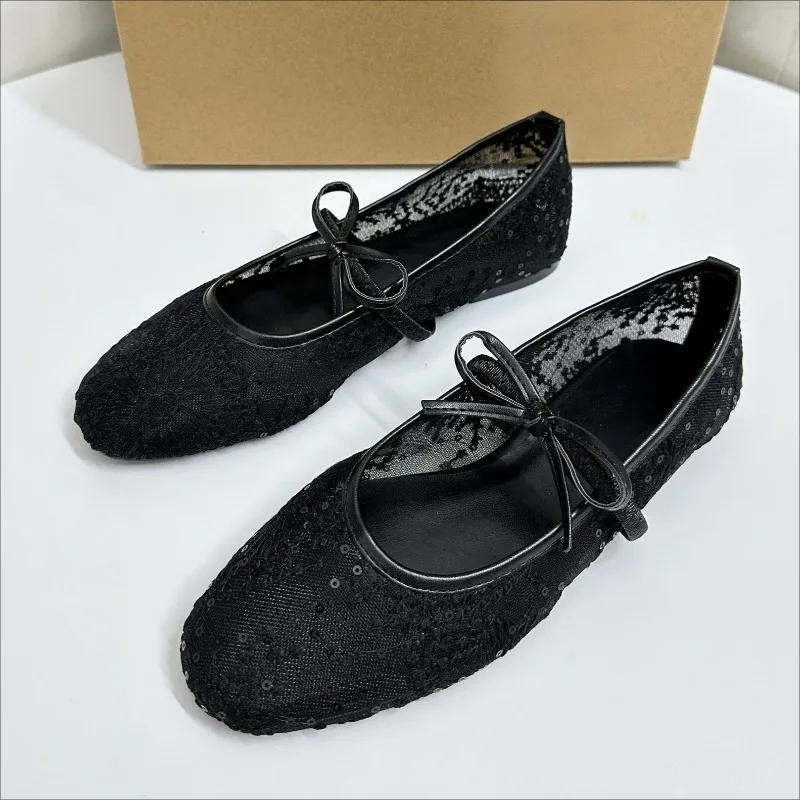 

Breathable Lace Hollow Out Women Mary Jane Shoes Sweet Butterfly Knot Embroidered Mesh Round Toe Daily Autumn Brand Lady Flats