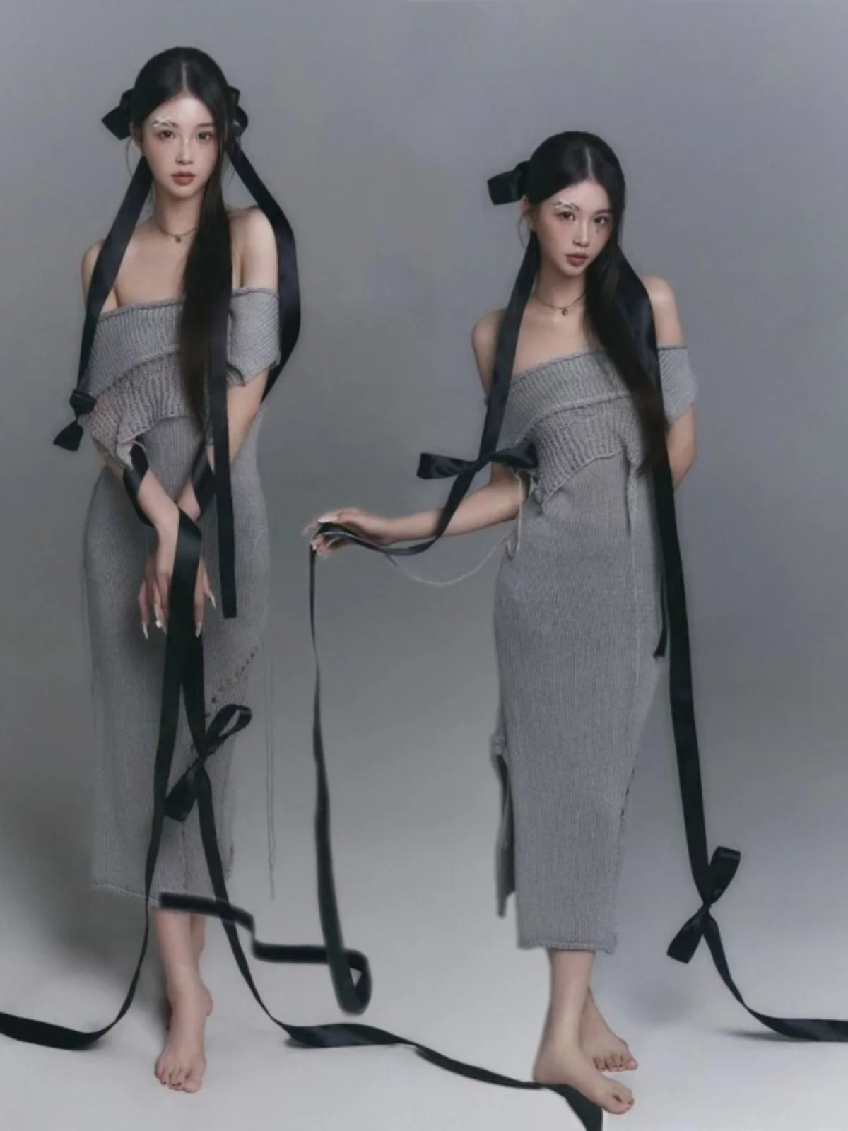 

Серый вязаный комплект для фотосессии: стильный костюм для подростков, модный наряд для студийной фотосъемки, полиэстер