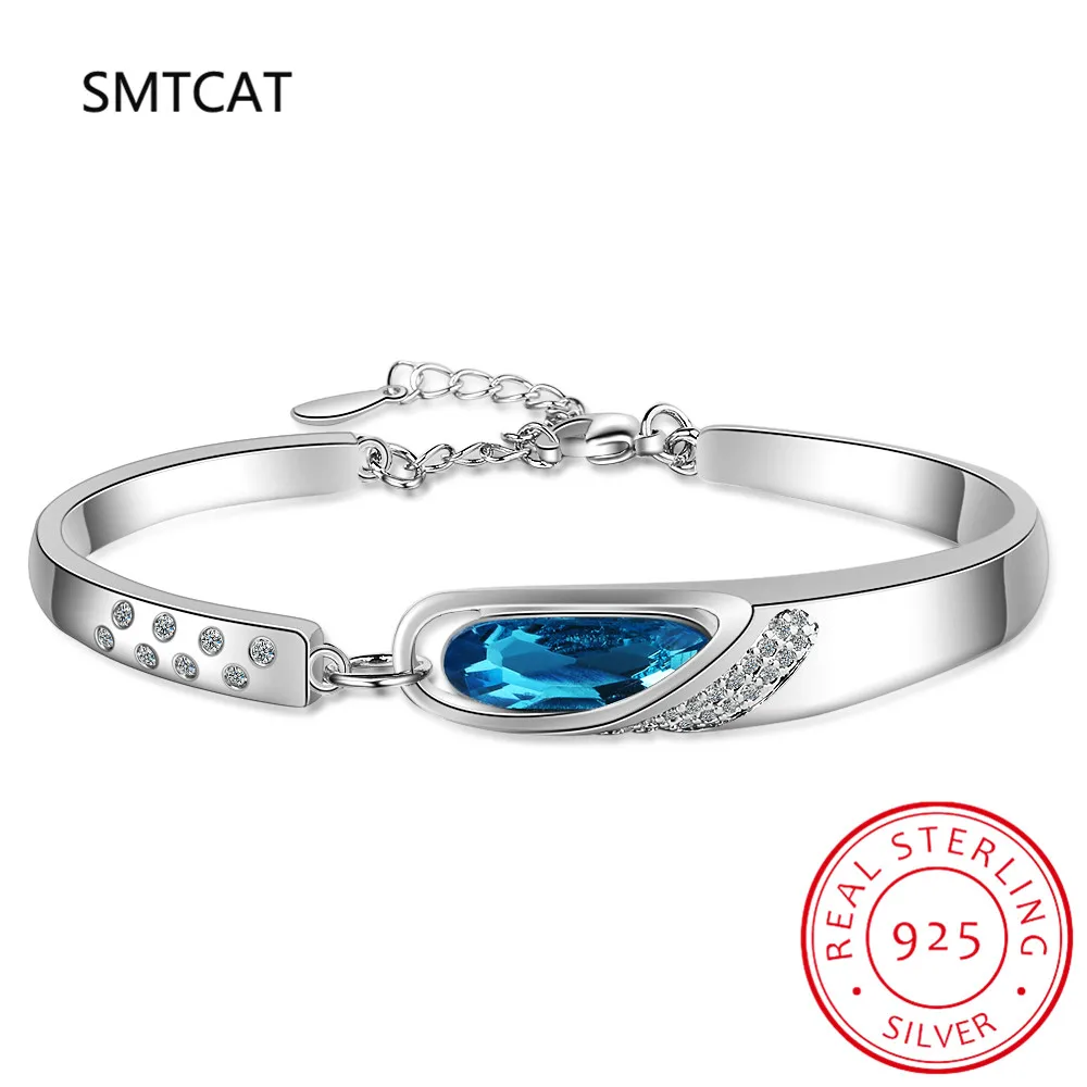 Genuine 925 Sterling Silver Sapphire Bracelets for Women Silver 925 Jewelry Pulseira Feminina Bizuteria Blue Topaz Girls