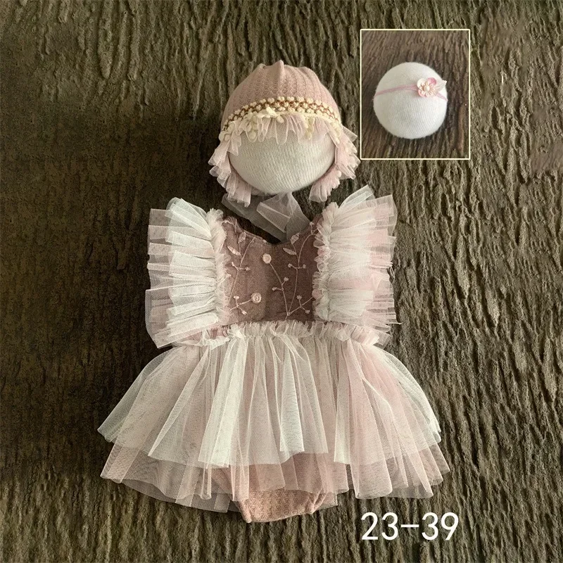 Vêtements en dentelle pour bébé fille, accessoires de photographie pour nouveau-né, robe une pièce, coiffe, ensemble chapeau, fournitures pour bébé, 0 à 12 mois