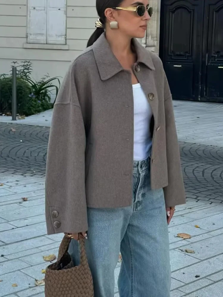 

HH Осенняя женская однотонная однобортная свободная куртка с лацканами и карманами, женская элегантная повседневная тонкая короткая куртка с длинными рукавами