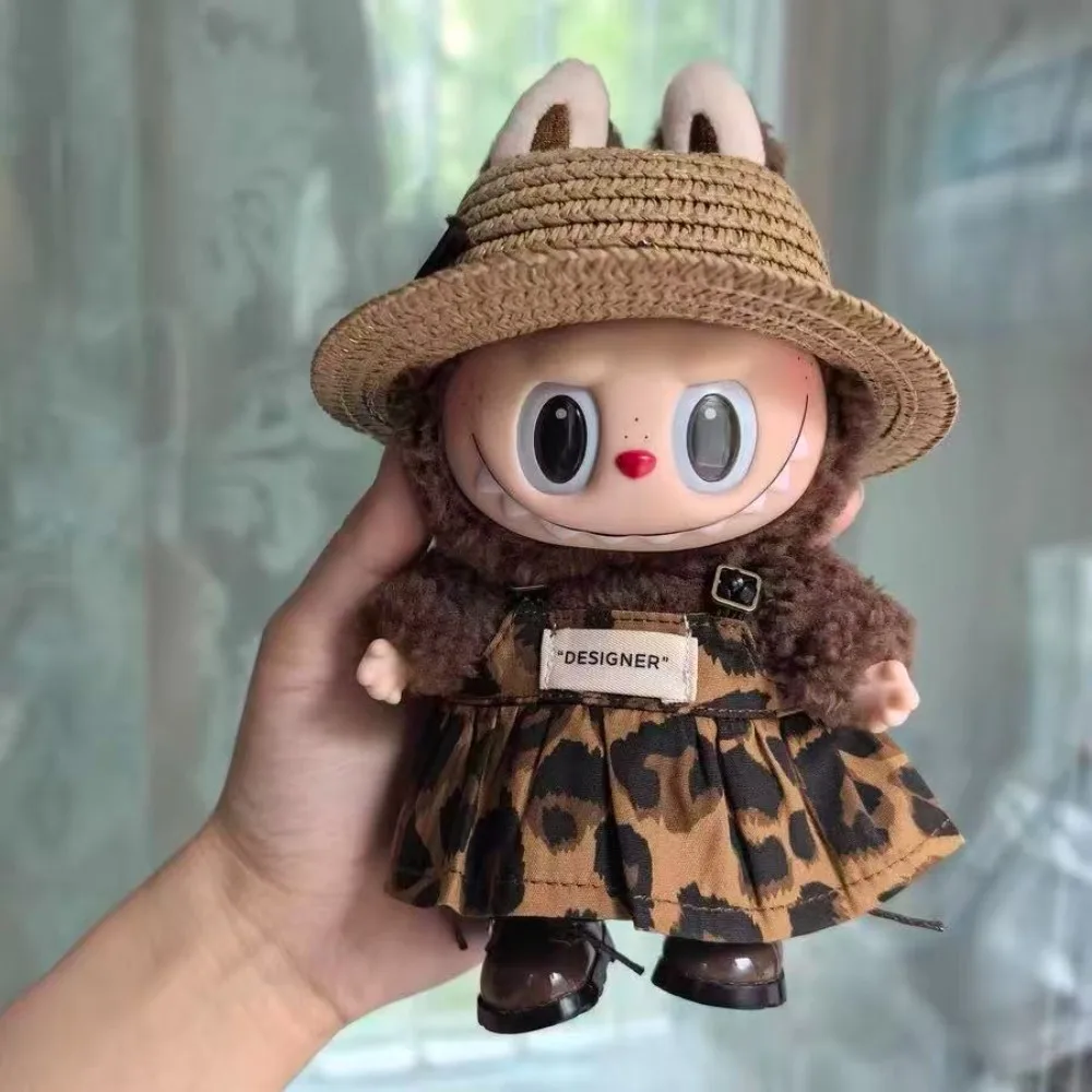 

Wrinkled Dress Knitted Straw Hat Vacation Style For 17cm Plush Doll Outfit Perfect Labubu Accessories Ropa Labubu