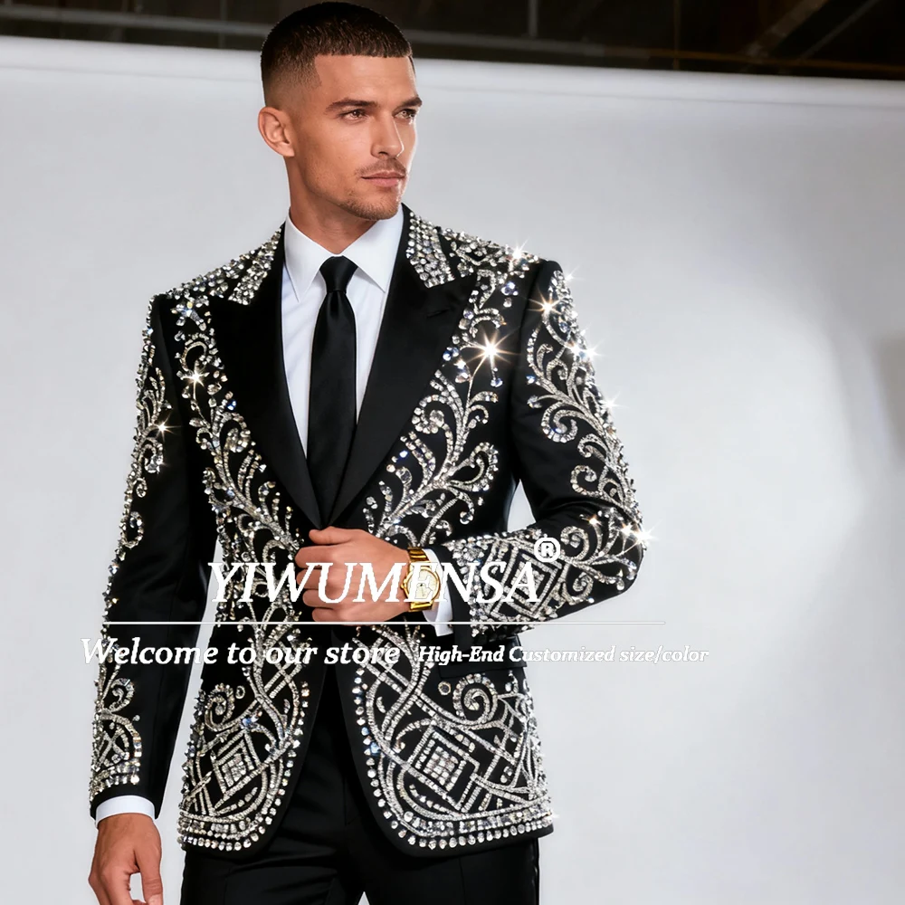 

Luxury Rhinestones Men Suits 2 Pieces Sets Customized Beaded Groom Tuxedos Slim Fit Male Business Party Prom Blazer Ropa Hombre
