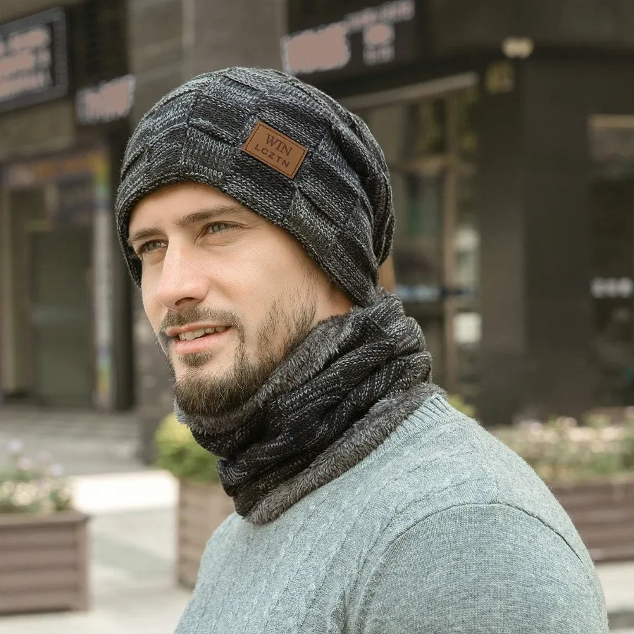 LCZTN Set di sciarpe per cappelli a cuffia invernale da uomo, cappelli da sci in maglia foderati in pile caldo, berretto con teschio slouchy per regalo unisex
