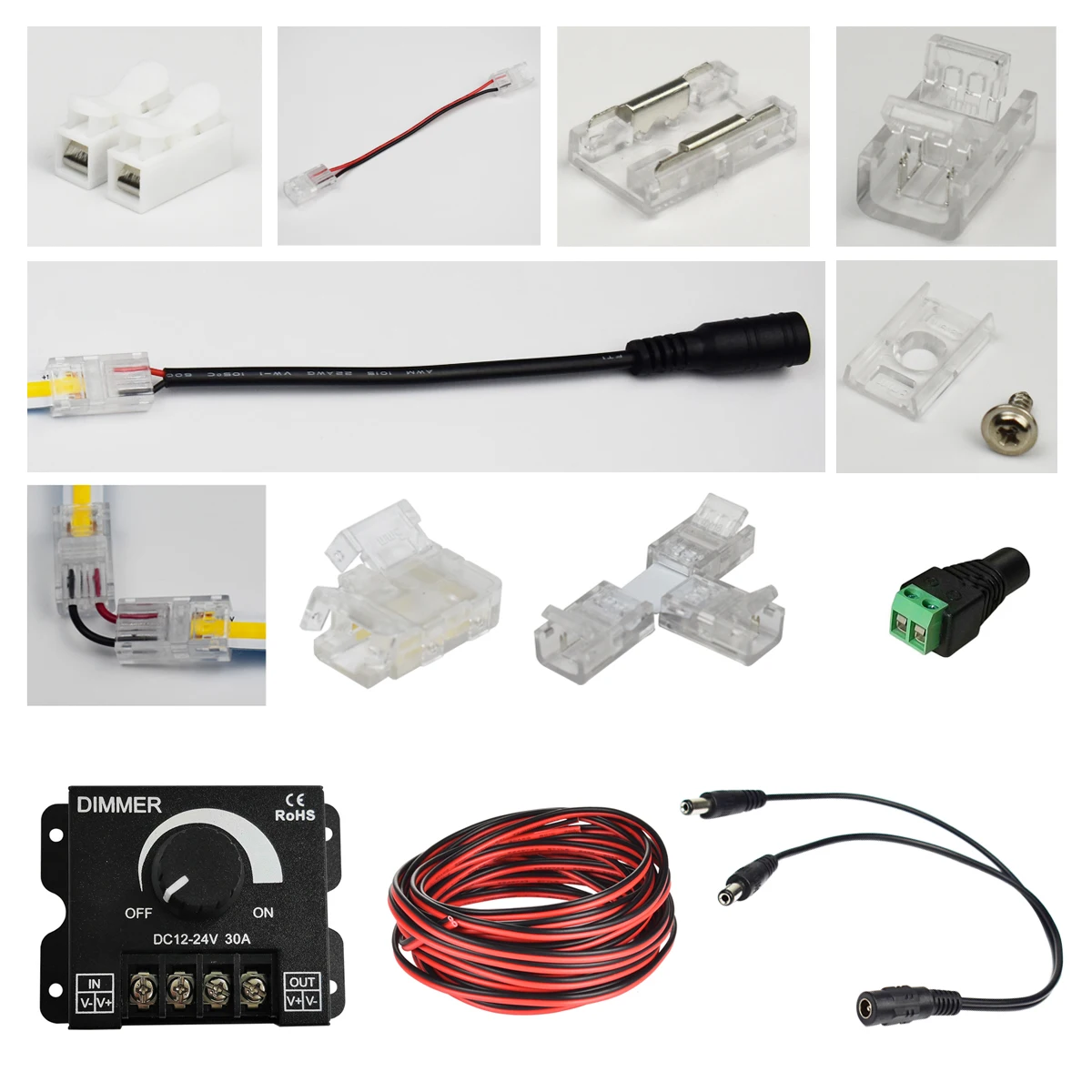 Light strip Various Accessories Connectors 90 degree T type Extension Cable for 8mm width 12V 24V COB LED Strip Light