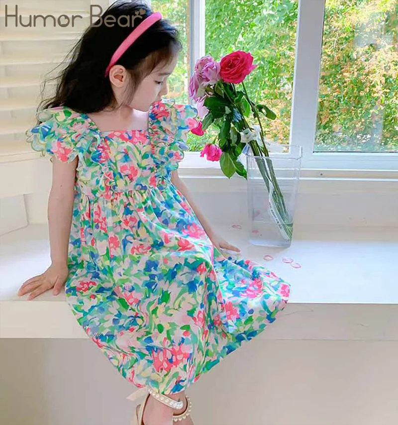 Humor Bear Girls' Summer New Floral Lace Sleeve Fashion Princess Party Dress Vestidos Casual Outfit 2-6Y