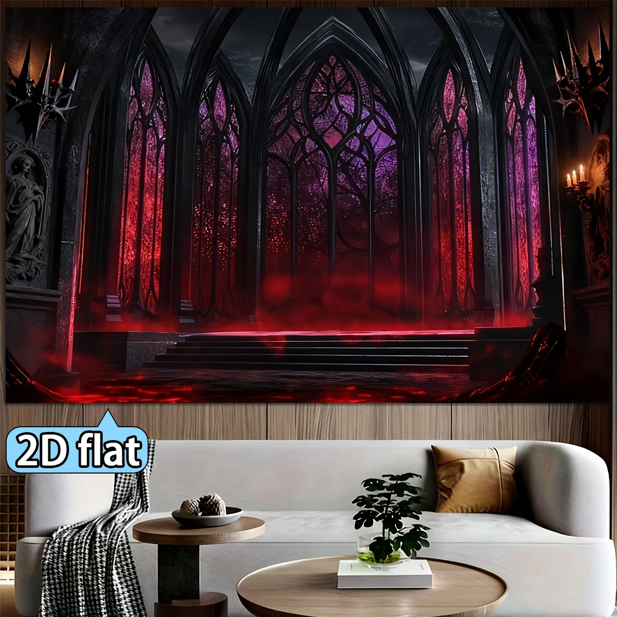 Elegant Gothic Cathedral Tapestry Stained Glass Window Mural Backdrop Wall Hanging Luxury Red Purple Room Decoration Fantasy Art