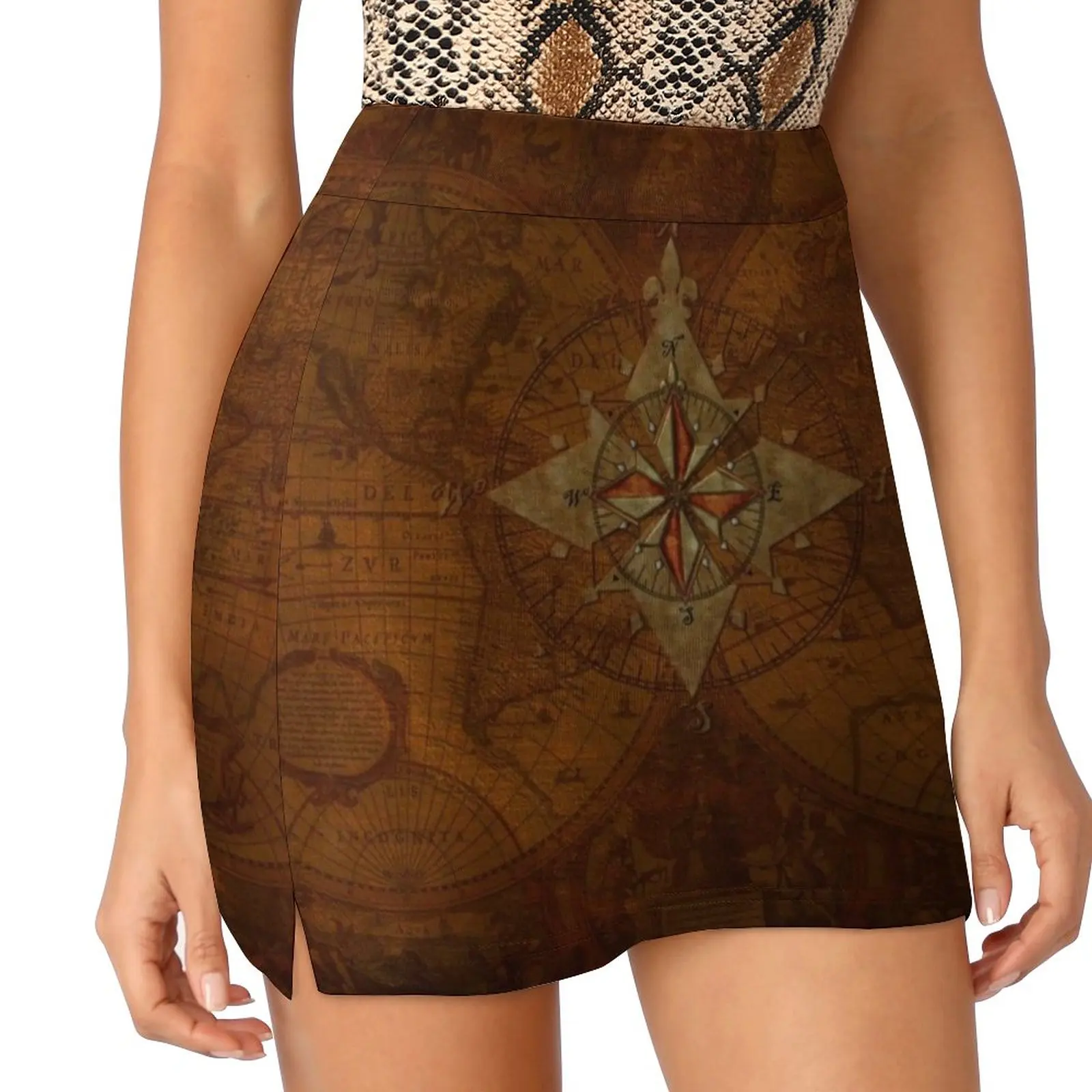 Steampunk Compass Rose & Antique Map Women's skirt Aesthetic skirts New Fashion Short Skirts Steampunk Victorian Compass Rose