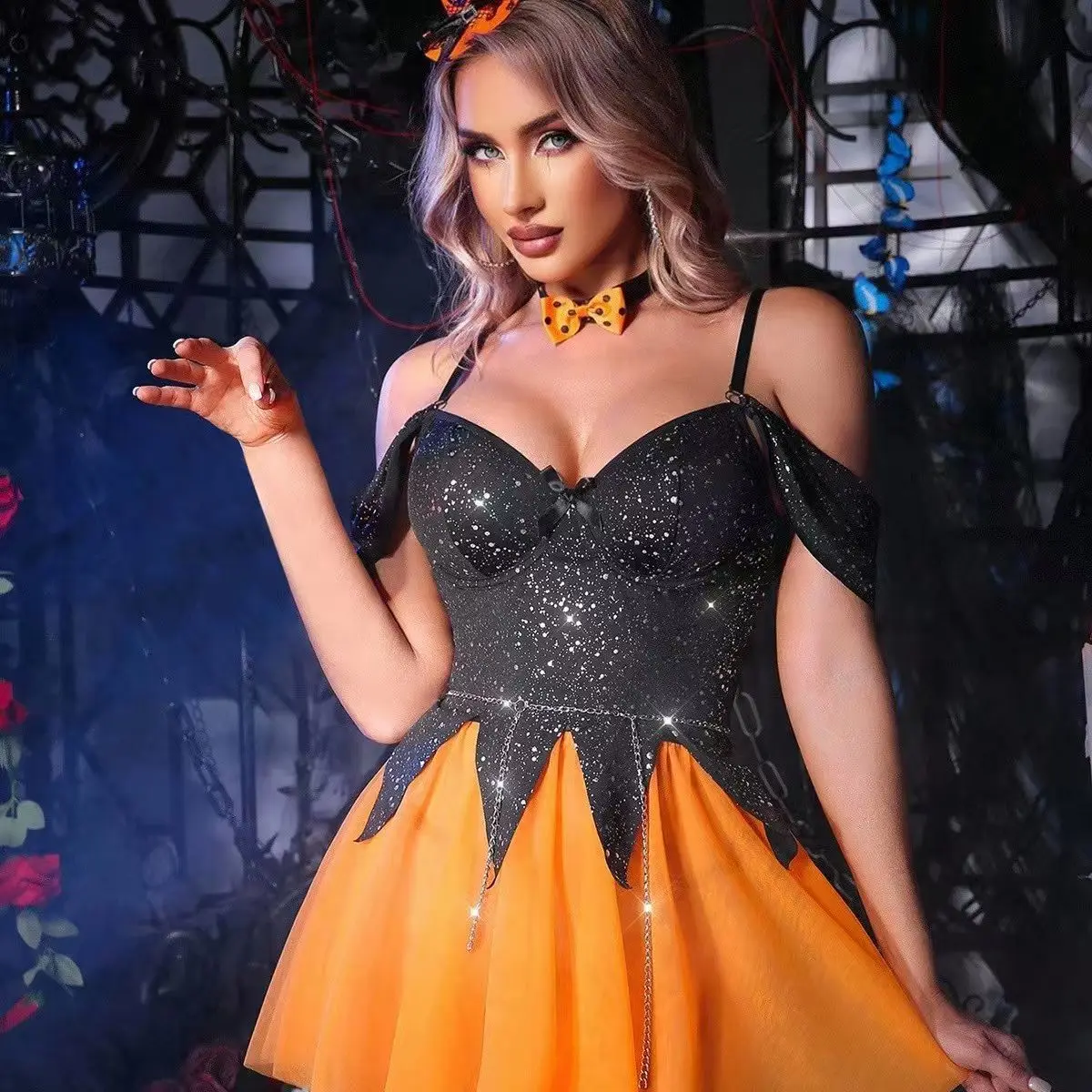 

Оптовая продажа, женское сексуальное спагетти, ролевое нижнее белье, платье для взрослых, леди, стильное платье на Хэллоуин, вечерние костюмы для косплея ведьмы