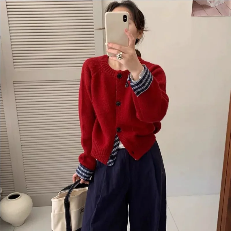 Women's 2026 Autumn Winter Grey Round Neck Faux Two Piece Knit Cardigan Loose Cropped Sweater Coat Chic Coquette Trendy