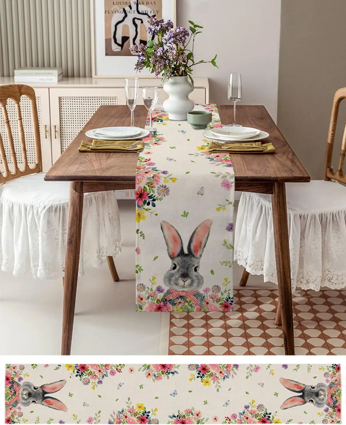 Happy Easter Bunny Rabbit Floral Linen Table Runner Holiday Party Decor Spring Colorful Flowers Table Runners Dining Table Decor