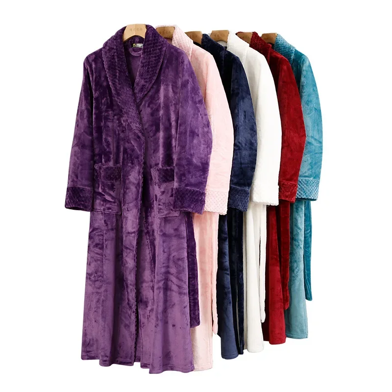 2024 New Thicken Flannel Robes Bathrobe Gown Women Warm Kimono Nightwear Soft Shower Nightgown Loose Sleepwear with Pocket