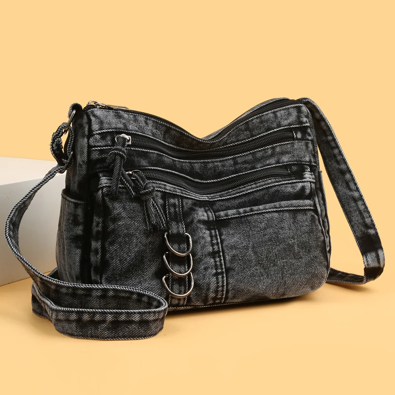 

Retro Waed Denim Multi-Layer Large Capaci Casual Crossbody Bag Women's oulder Bag Square ape Winter Collection