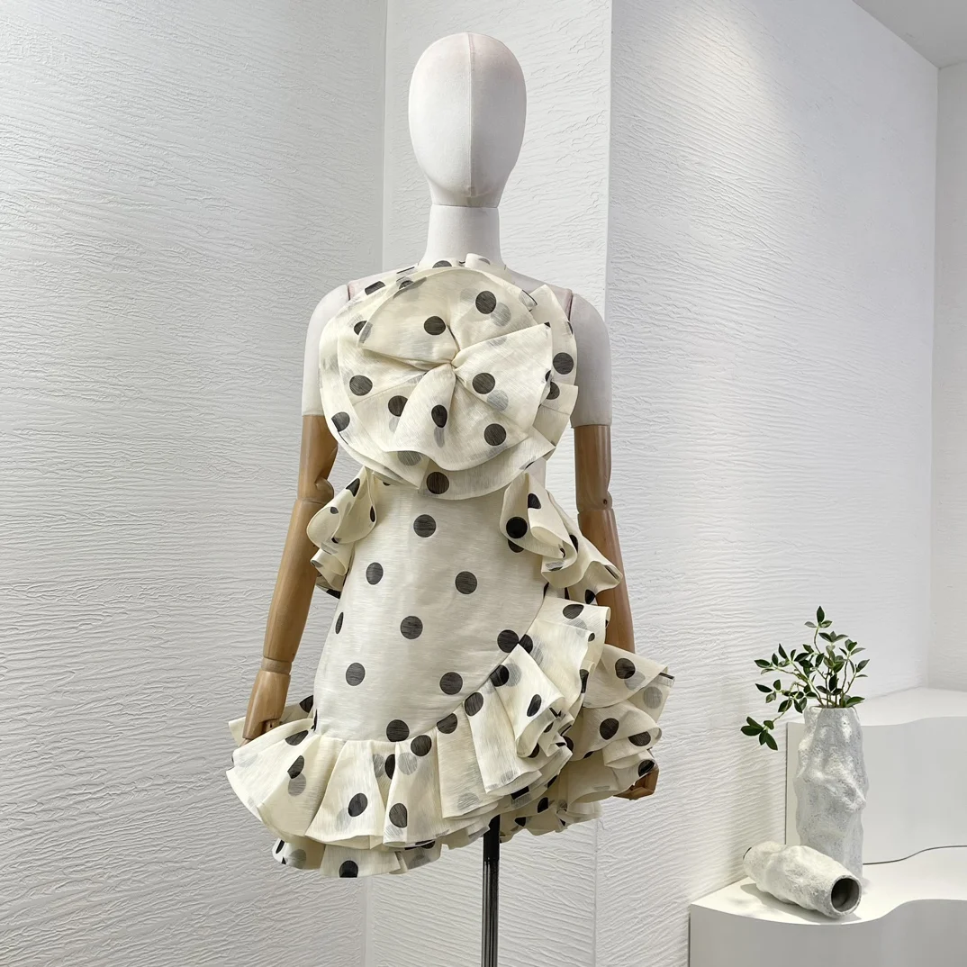 Linen Silk Classic Dot Print 2025 New High Quality Sleeveless Backless  Appliqued Irregular Hem Ruffles Women White Mini Dress