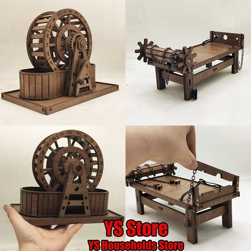 

1/12 Scale Wooden Rotating Prison Model Handcuffs Chain Design Punishment Mini Bed Toys For 6" Action Figure Scene Accessory