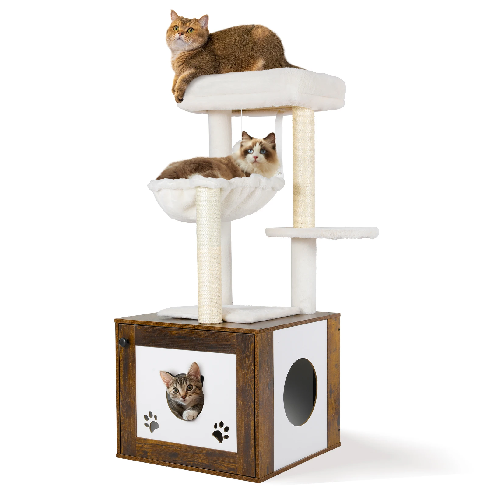 Wooden Cat House with Tree Tower, Hidden Cat Litter Box Furniture, Box Enclosure with Cat Tree with Scratching Post, Condo 117cm