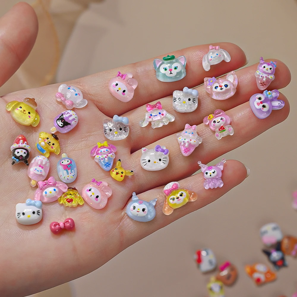 50Pcs Mix Cute Ice Cream HelloKitty Nail Rhinestone Mini Resin Kitty Cat Summer Popsicle Series Flatback Ornament Jewelry Manicu