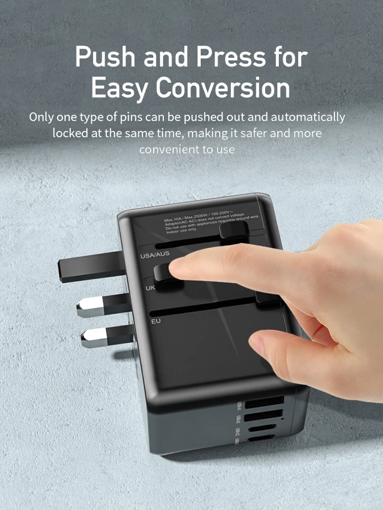 Adaptador de Viagem Universal AWEI-GaN, 65W, 100W, USB, Tipo C, Carregamento Rápido, Adaptador de Plugue Internacional, UE, Reino Unido, EUA, AUS Plug para Viagem