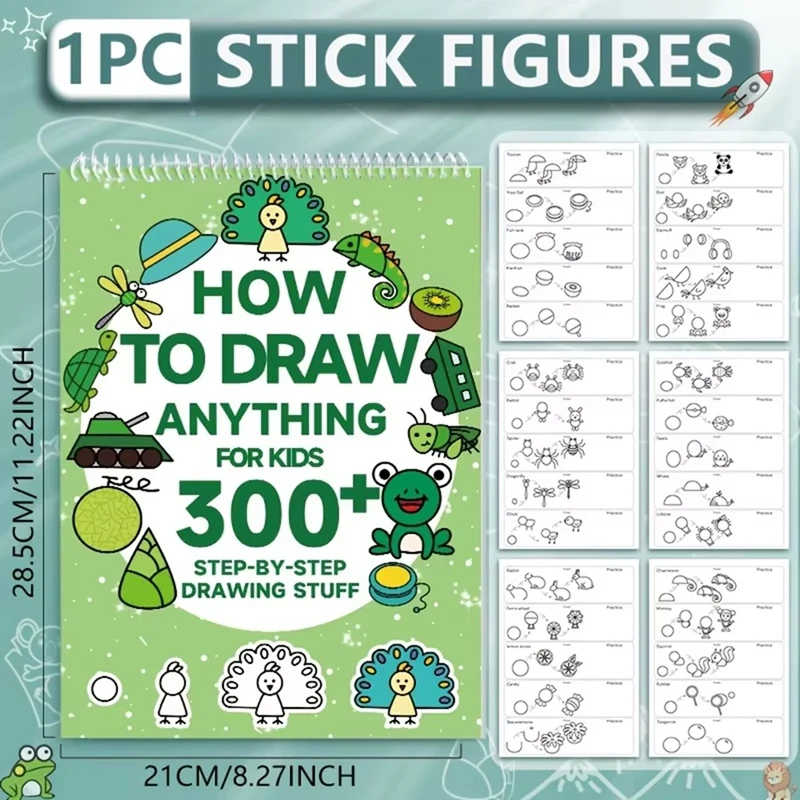 

300+ Step-By-Step 1pc Green Drawing Book Art Learning Painting Supplies with Cartoon Dinosaur & Frog Book
