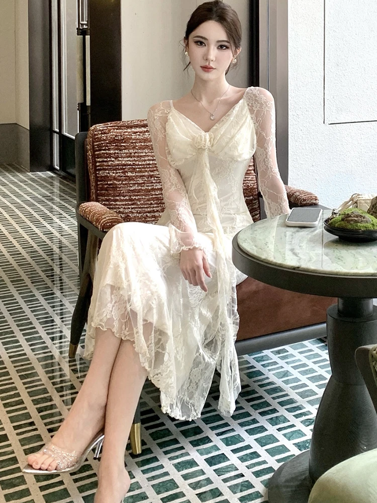 Otoño blanco encaje Jacquard manga larga con cuello en V vestido largo Sexy 2025 vestido de fiesta de lujo coreano mujeres elegante vestido de noche ajustado