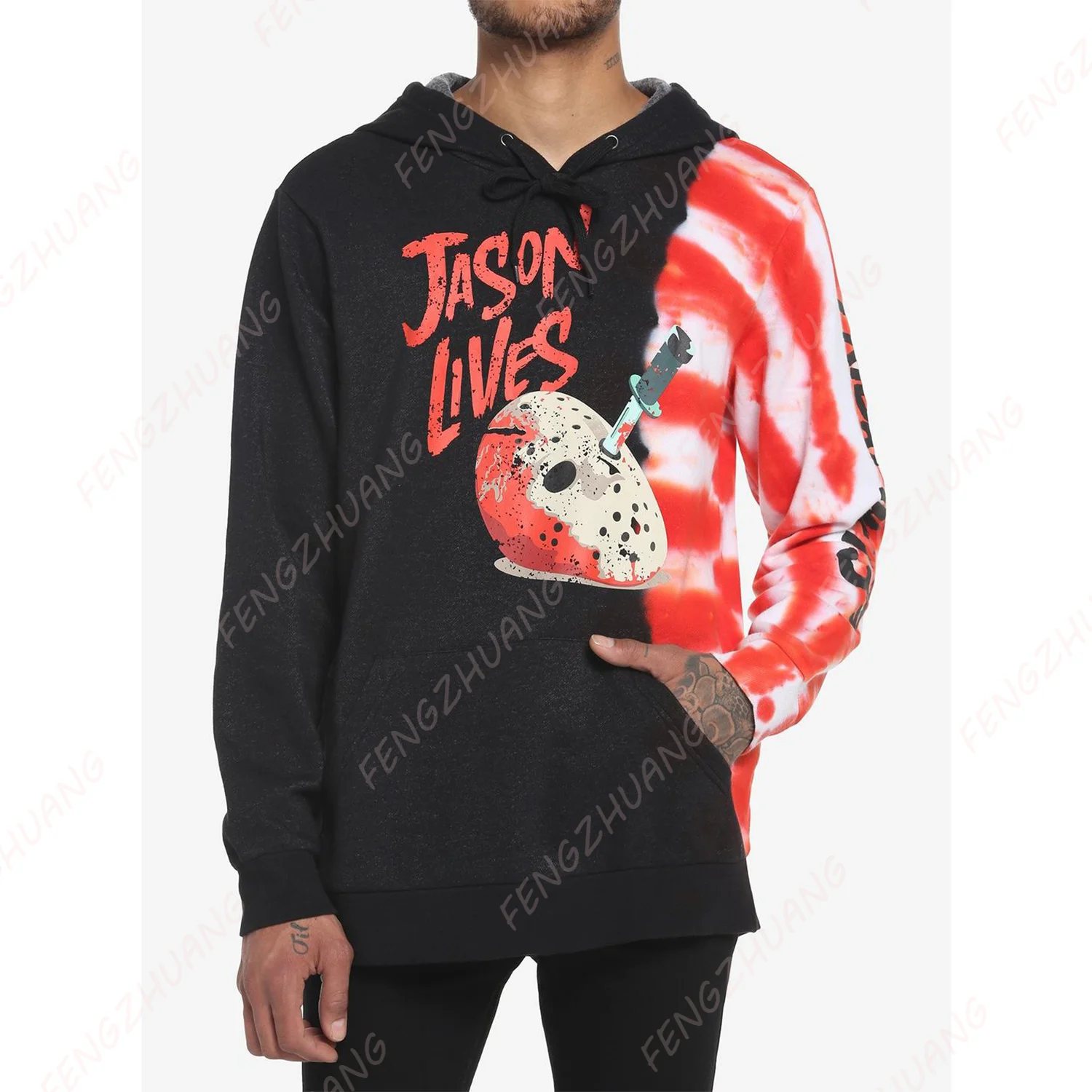 

Friday The 13th Jason Lives Split Tie-Dye Hoodie Oversized Fashion Long Sleeve Hoodie Unisex Loose Casual Pullover Sportwear