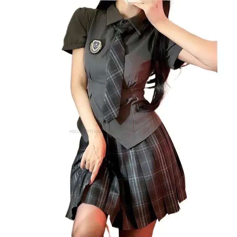 Korea Japan Style Hot Girl School Uniform Women Short Sleeve Blouse Pleated Short Skirt two-piece Set College Style Jk Uniform