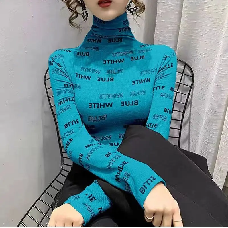 Women's Fashion Underlay Autumn and Winter New High Collar Printed Letter Long Sleeved Bodycon All-match Pullover T-shirt Tops