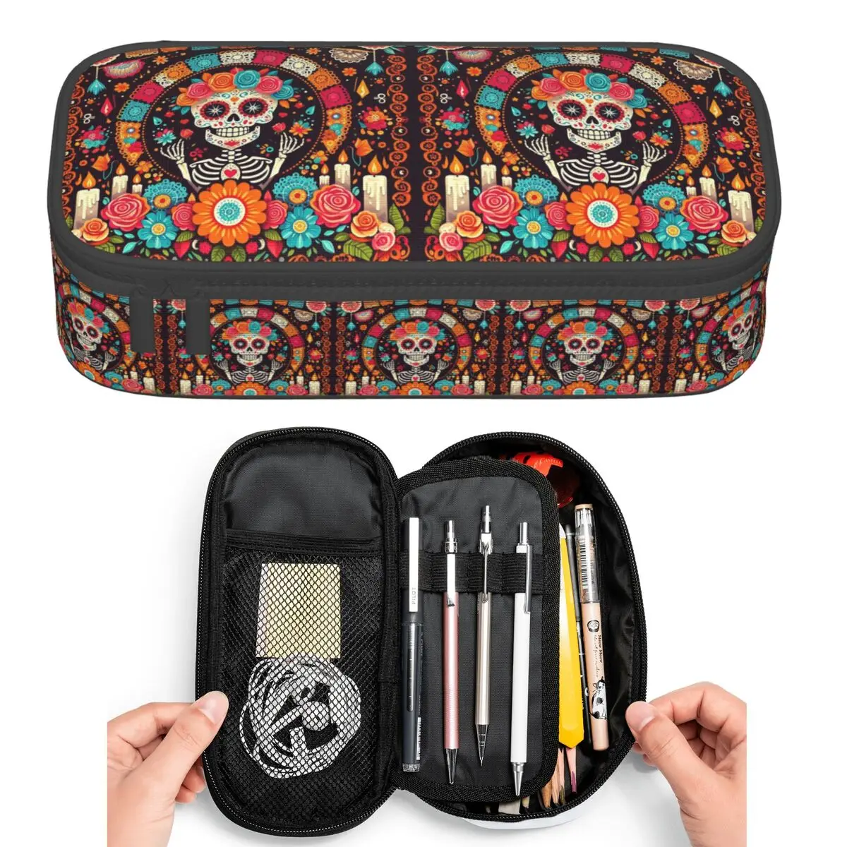 

Mexican Skull Calavera Illustration Pencil Cases for Students Pen Box Pencil Bag Large Storage Pencil Pouch Pen Holder