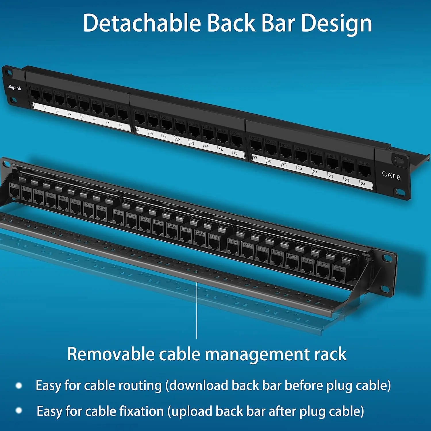 ZoeRax 24 Port Patch Panel with Cat6 Cat6A RJ45 Coupler  1U/19-Inch Patch Panel Removable Back Bar Ethernet Distribution Frame