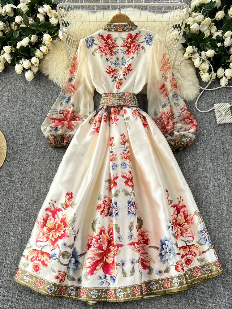 New Vintage Palace Attire Long Party Dress Women Printed Floral Dresses Female Elegant Shirt Long Robe Casual Holiday Vestidos