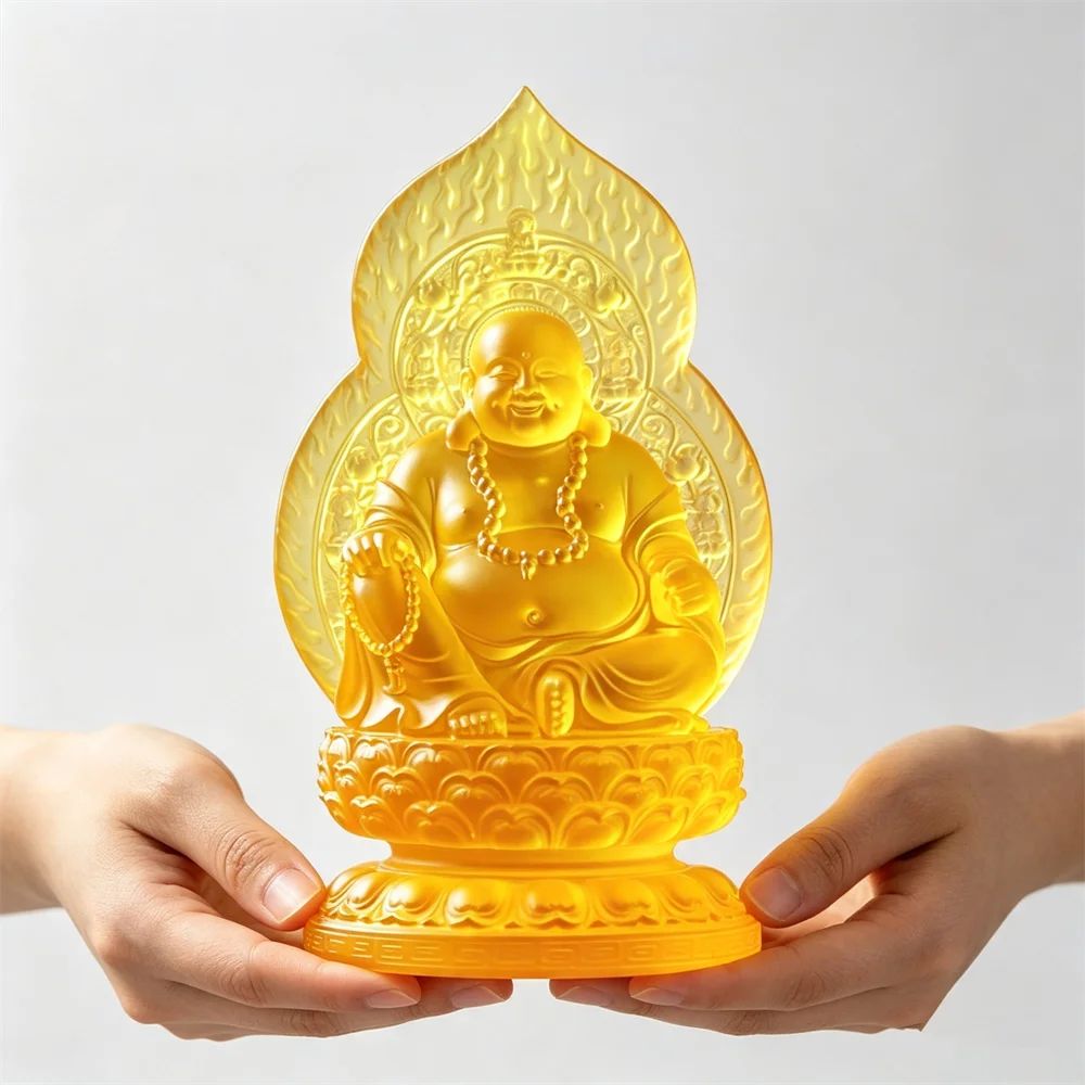 17.5cm Laughing Maitreya Buddha Statue Translucent Yellow Resin Buddha Figurine Feng Shui Home Office Car Altar Ornaments