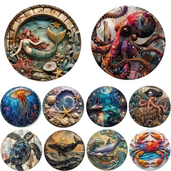 Sea Lion Jellyfish Octopus Round Metal Aluminum Sign Art Desktop Decorative Plates for Bar Cafe Club Yard Home Office Wall Decor