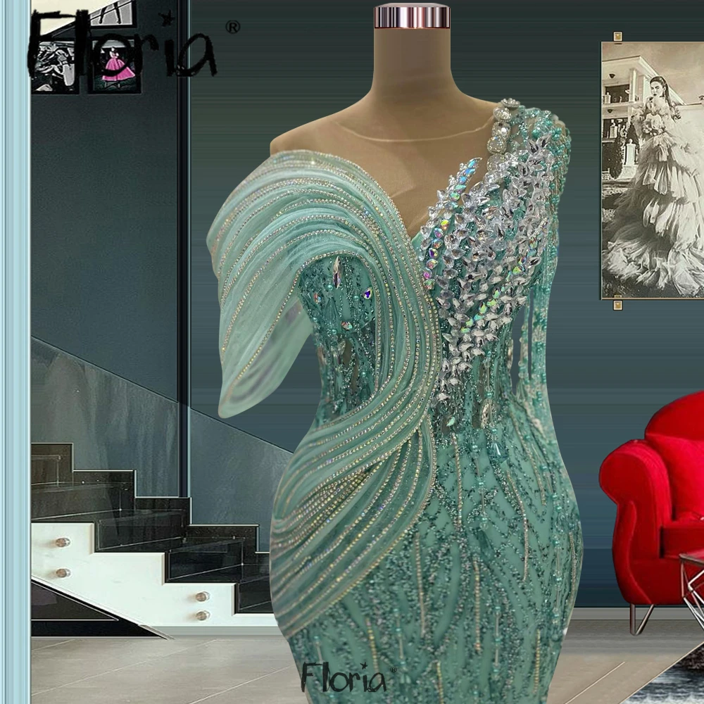 Glitter Turquoise Beading Luxury Evening Dress Ruffles Sleeve Crystals Prom Dress Women Wedding Dinner Party Gowns  Robe Soirée