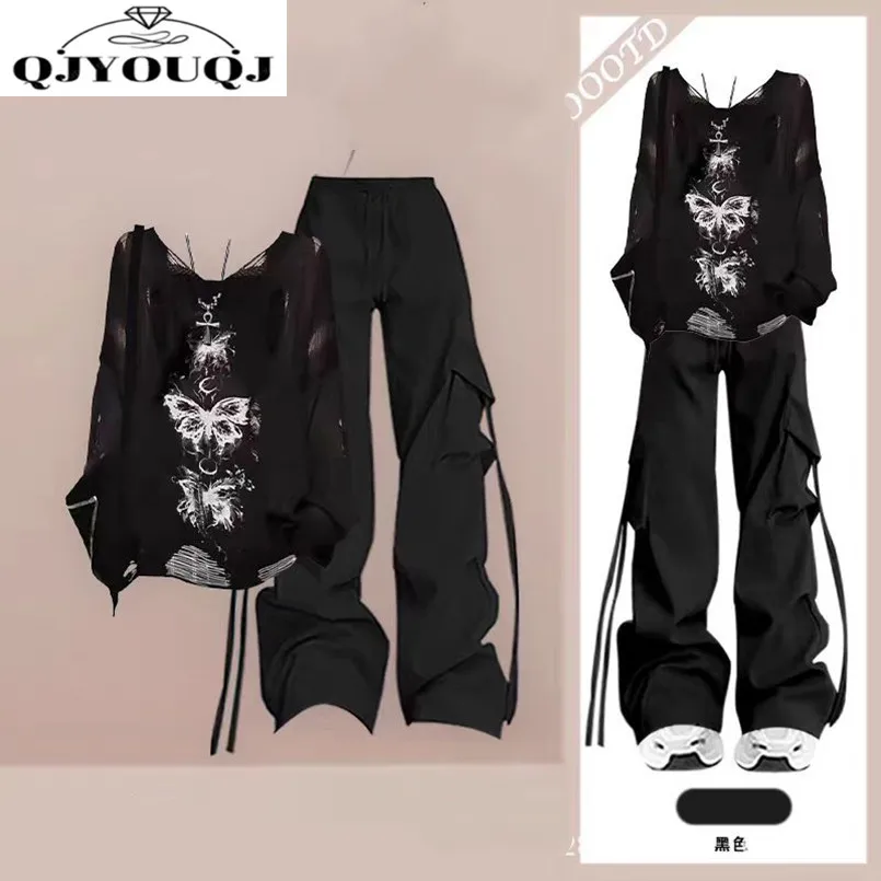 

Sports Suit Women's Spring and Autumn Butterfly Retro Top+slimming Wide Leg Work Pants Two-piece Set