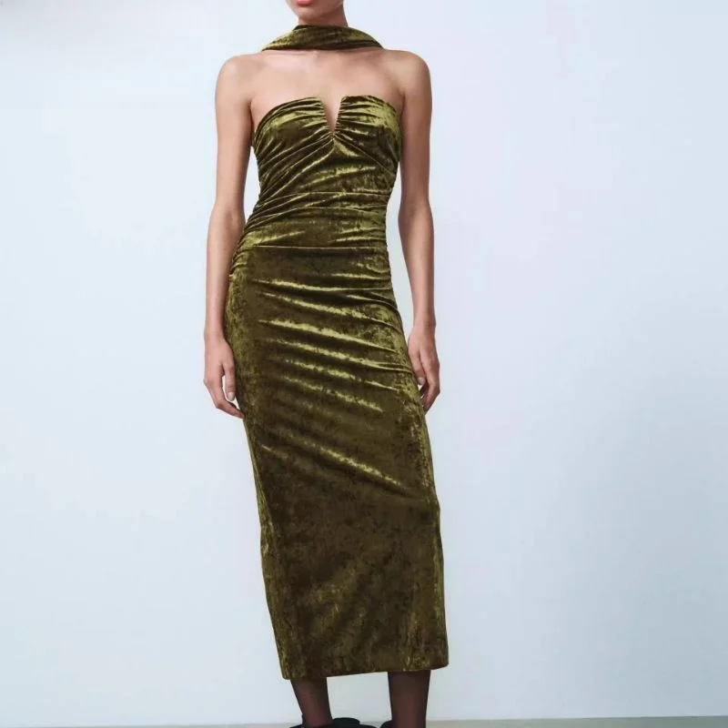 

Модное бархатное платье с ter Ne и дизайном на бретелях, новое осенне-зимнее женское платье с высокой талией, сексуальное Sle No Sve