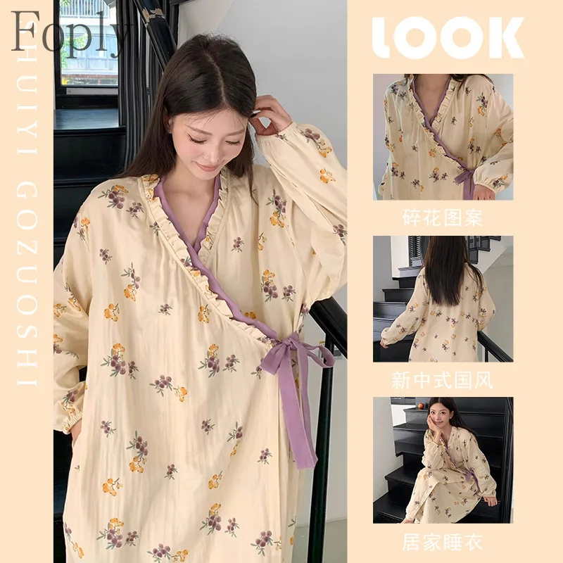 

Women's Chinese Style Loquat Print Sweet Robes Cute Nightgowns Japanese Kimono Long Bathrobe Pajamas Spring Autumn Long-sleeved