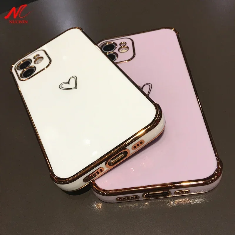 Cute Love Heart Gold Plating Soft TPU Cover for iPhone 16 15 11 12 13 Pro Max 14 16 Plus X Xs Xr 13 Mini Airbag Shockproof Case