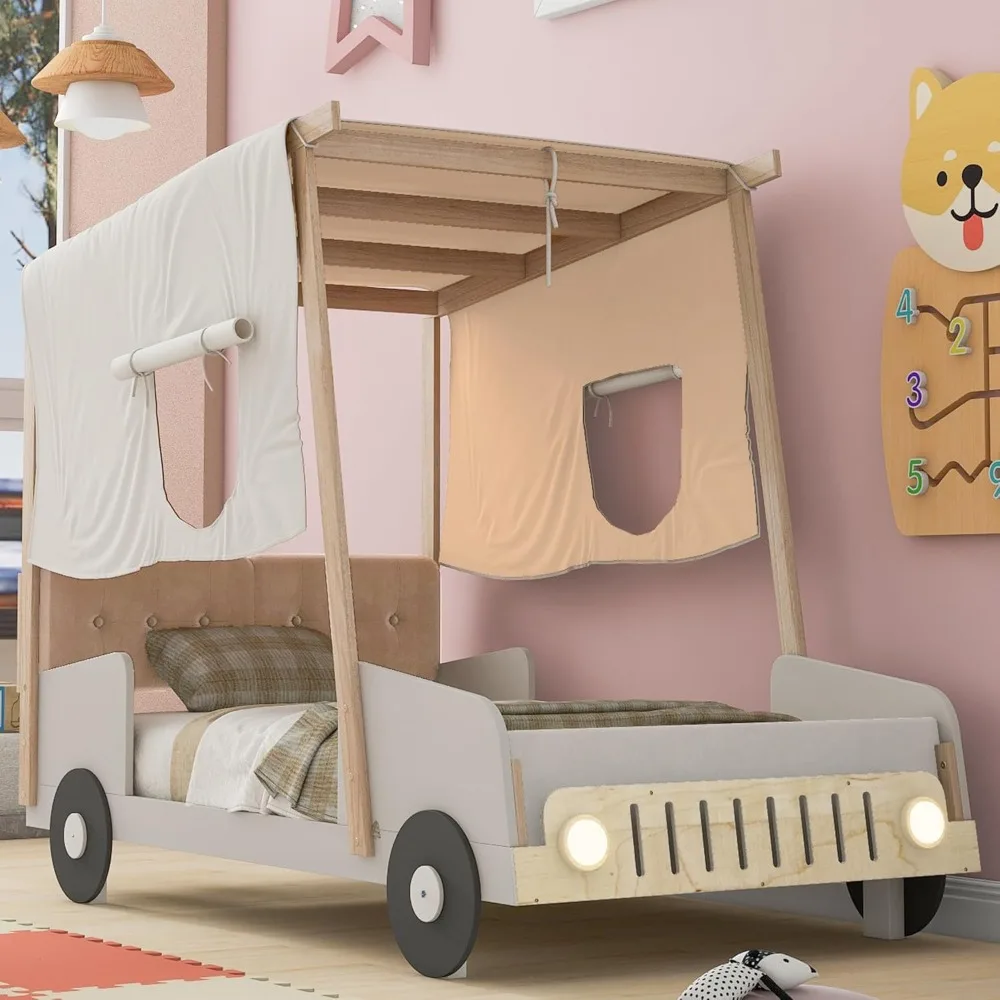 

Twin Size Kids Car Bed with Pillow, Ceiling Cloth and LED Light, Twin Playhouse Bed Frame, Kids Canopy Bed, Wood Twin