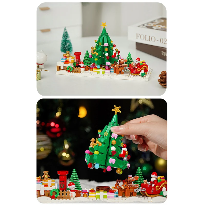 Creative Merry Christmas Tree Cloud Mirror Model Building Blocks Snowman Santa Claus With Lights Mini Bricks Toys Christmas Gift
