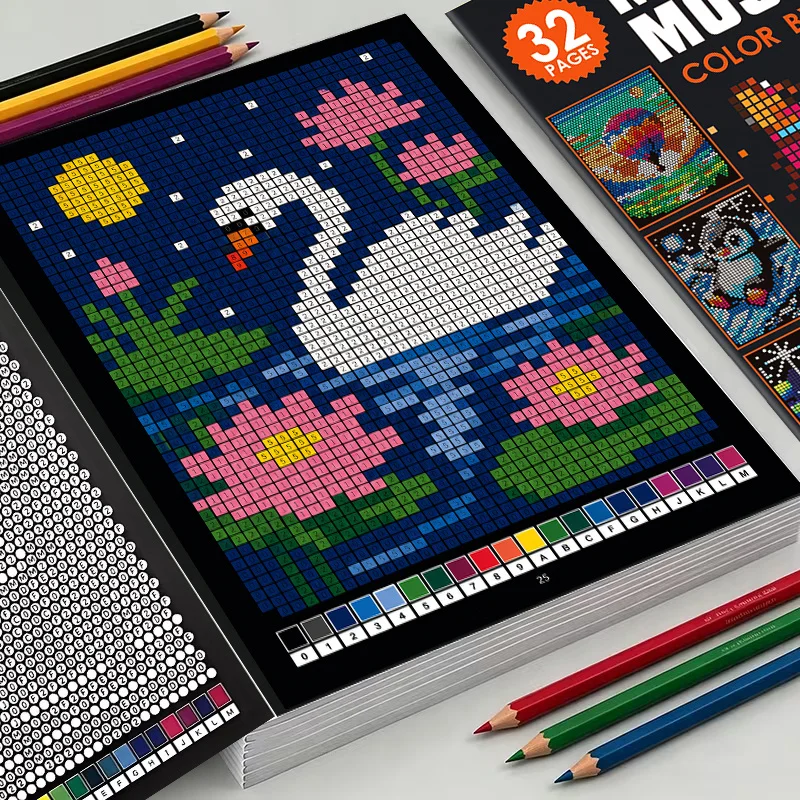 32 Pages Mystery Mosaics Color By Number Book, Hidden Pixel Art Coloring Workbook, Fun Puzzle Activity Book for Kids & Adults
