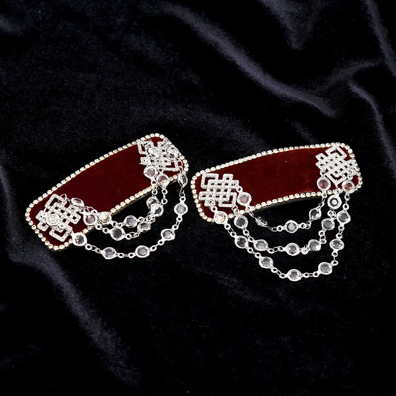

Generic Pair Of Mongolian Style Chinese Knot Chain Decor BB Clips Velvet Rhinestone Hair Clips For Women Girls Bangs Daily Party