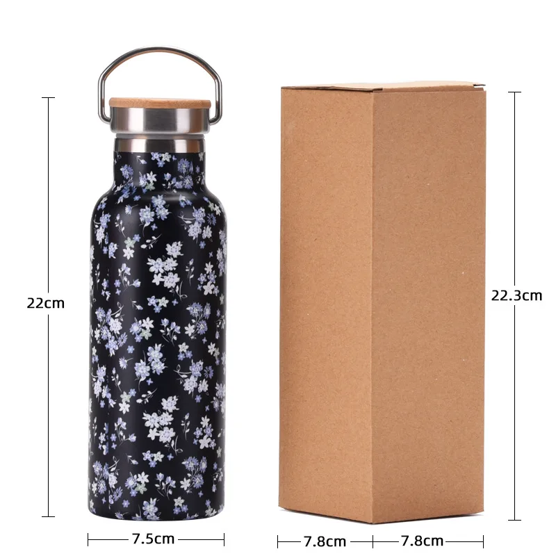 500ML Sports THERMOS CUP With Handle,Bamboo Lid,Printed Drinkware,Stainless steel Vacuum Flasks,Camping And Gym Water Bottle