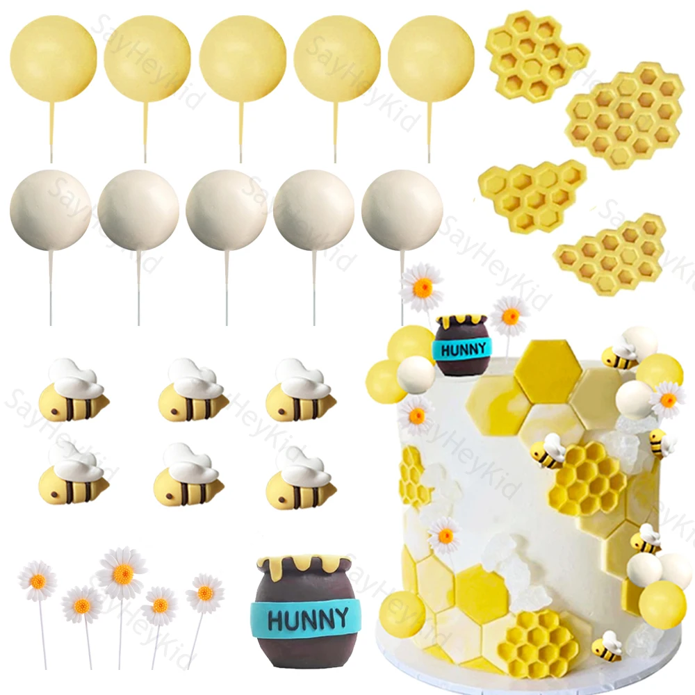 26 pçs mel abelha bolo toppers dasiy favo de mel pote de mel oh babee cupcake decorações diy crianças chá de bebê fontes de festa de aniversário