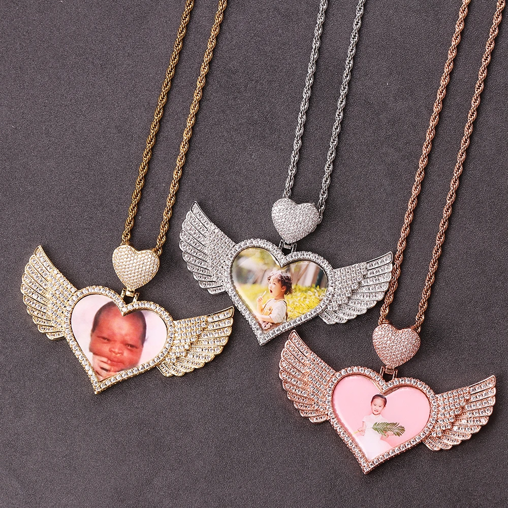

Hot Sale Jewelry Wholesale Custom Memory Picture Heart Necklace Zircon Heart Wings Sublimation Photo Necklace