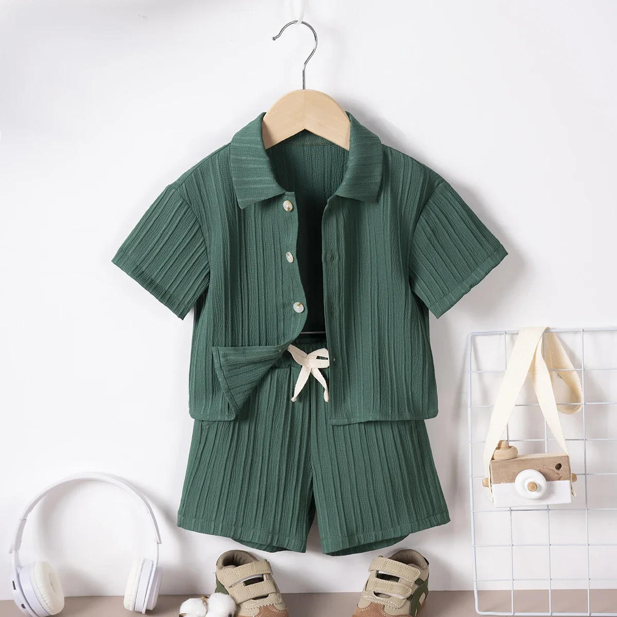 Summer Kids Clothes Two Piece Set Of Solid Color Collar Short Sleeved Shirt And Shorts  Fashionable Casual Boys And Girls Suit