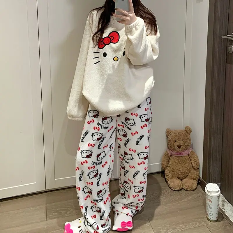 Cartoon Hello Kittys carino caldo corallo velluto pigiama da donna inverno addensato studente indumenti da notte Anime Sanrioed peluche loungewear