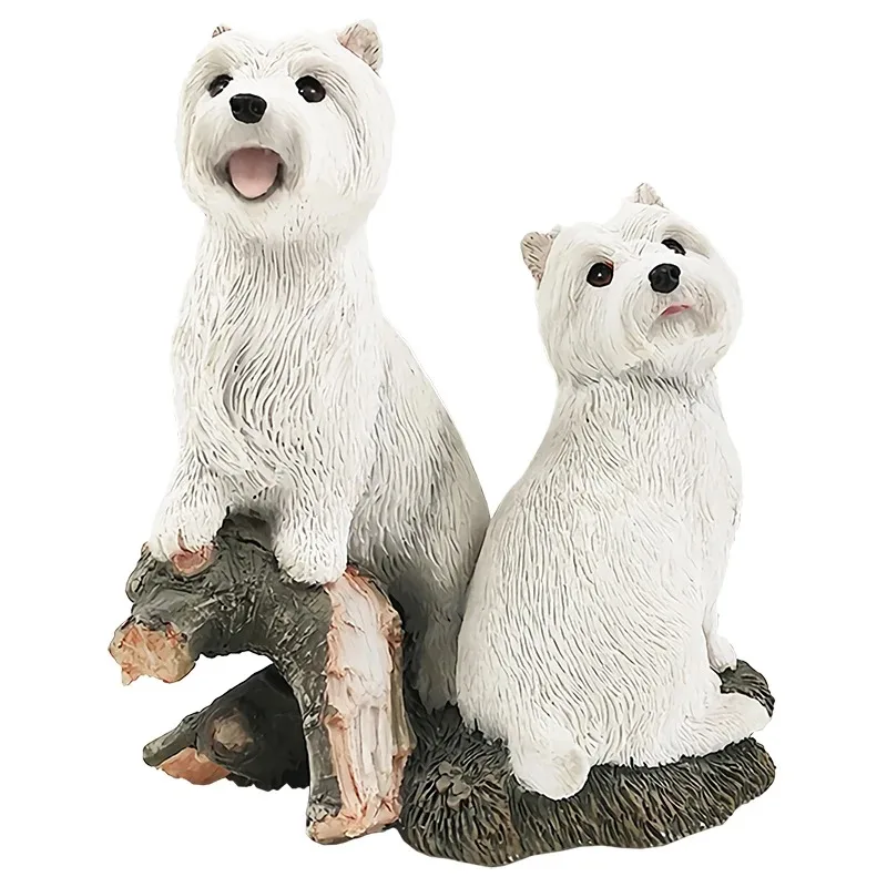 Yfa resina dois west highland terrier estátua adorável cão branco figuras de ação realista carro ornamento mesa modelo animal estimação